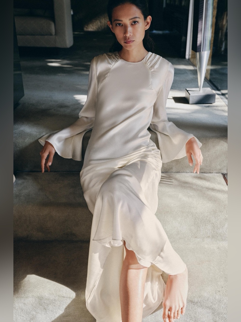 Zara 100% Silk Draped Dress In Oyster-white with Flared Cuffs. - Picture 7 of 17